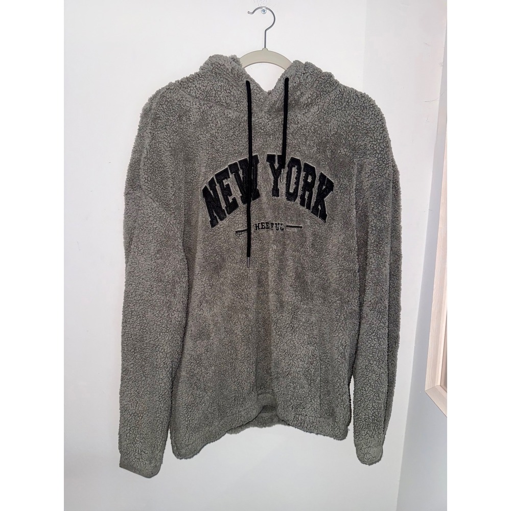 Manfinity Men Grey New York Cheerful Sherpa Fleece Hoodie XL Pullover